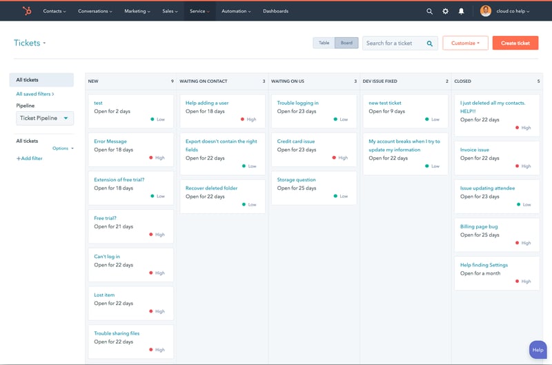 HubSpot Customer Service - Tickets Board View